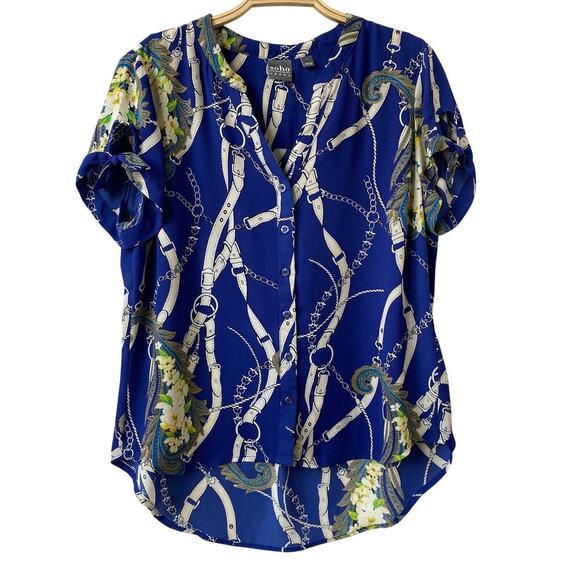 2/$30 New York & Company Soho Button Down Blouse Women L‎ Blue Floral Print - Picture 1 of 10